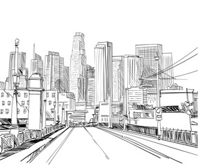 Los Angeles. California. USA. Hand drawn city sketch. Vector illustration. - obrazy, fototapety, plakaty