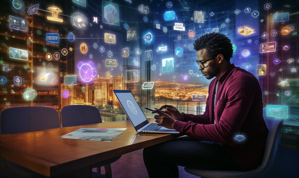 Handsome african american man using laptop with media icons. - Powered by Adobe