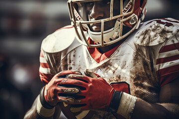 An American football player poses with the ball after a violent scrimmage on the field. Super Bowl concept. Fight for victory. - Powered by Adobe