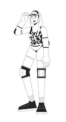 80s aerobics junkie black and white cartoon flat illustration. 90s workout outfit blonde woman 2D lineart character isolated. Skater girl costume. Nostalgia monochrome scene vector outline image