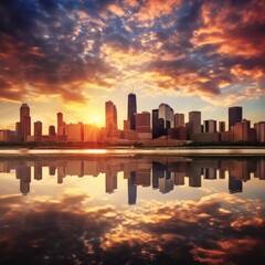 Obraz premium A breathtaking photo of a city skyline at sunset, with warm spring colors painting the sky