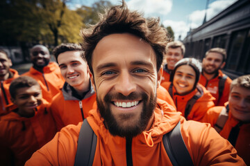 A cheerful coach takes a selfie with his teenage students. The concept of sport, friendship and healthy lifestyle. Group of happy people taking selfie outdoors - obrazy, fototapety, plakaty