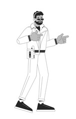 Cassette player listening headphones black and white cartoon flat illustration. African american man 80s finger guns 2D lineart character isolated. Nostalgia monochrome scene vector outline image