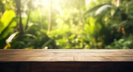 this is a wood table in the corner of a green lush tropical jungle, - obrazy, fototapety, plakaty