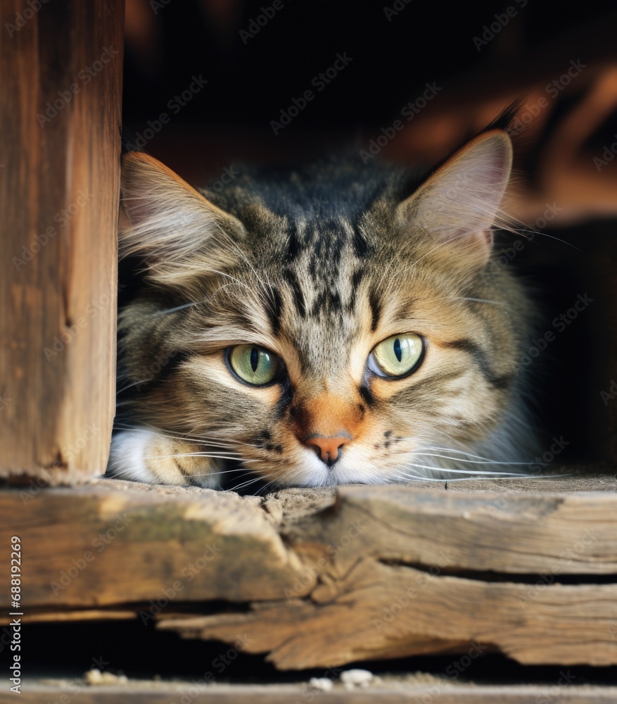 Poster a close up of a cat looking out of a window. generative ai.