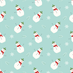 Winter seamless pattern with cute snowman in a knitted scarf and hat and snowflakes, with changeable background color. Vector flat illustration for print and design