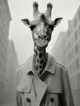 A black and white photo of a giraffe wearing a trench coat. Generative AI.