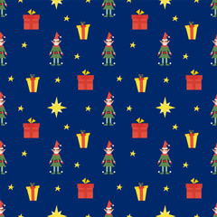 Christmas seamless pattern with cute little elf, stars and gifts, with changeable background color. Vector flat illustration for print and design