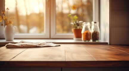 Fototapeta na wymiar wood kitchen table in window background blurry,