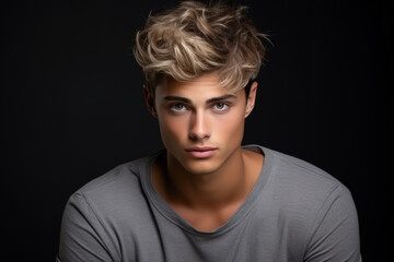 Fototapeta premium Young man with short blond hair isolated on studio background. Face of strong handsome boy wearing gray t-shirt. Concept of style, fashion, beauty model, male portrait, stylish hairstyle