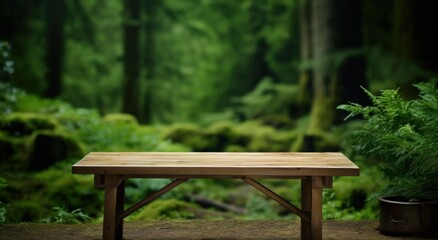 Fototapeta na wymiar wooden table on a green grassy background