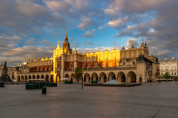 Cloth Hall on the Main Square in Krakow, Poland, beautifully illuminated by sun in the morning