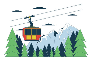 Gondola skilift mountain forest line cartoon flat illustration. Riding elevator ski lift 2D lineart landscape isolated on white background. Ski resort winter season scene vector color image © IMGvisualsCharacters