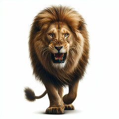 Obraz premium Strong Confident Muscular Broad Chested Powerful Lion Cat with a Large Mane, King of the Jungle Walking on a Dry Grass Plain Path Head of Pride Towards the Camera Growling African India Panthera Leo