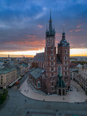Aerial view of St Mary's church in Krakow, Poland, during colorful sunrise