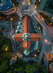 St Joseph church on Rynek Podgorski square, Krakow, Poland, aerial view in the night - 688193482