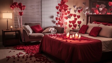 A bedroom decorated with rose petals, heart-shaped balloons, and candles creates a dreamy atmosphere for couples celebrating Valentine's Day.