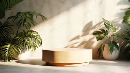 Wooden stand for products on a white marble floor illuminated by sunlight from the window, shadows and green plants standing nearby
