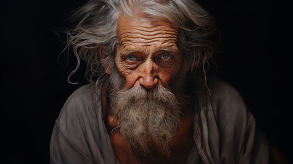 Very old grizzled man with wizened look on his face that wears long grey facial hair