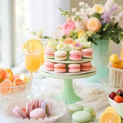 Obraz na płótnie Canvas A bright and cheerful spring-themed dessert table filled with cupcakes, macarons,