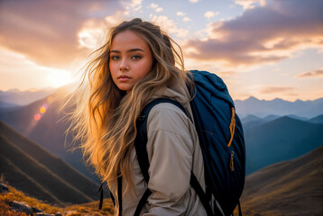 Girl in climbing equipment on the top of a mountain. Active, healthy lifestyle