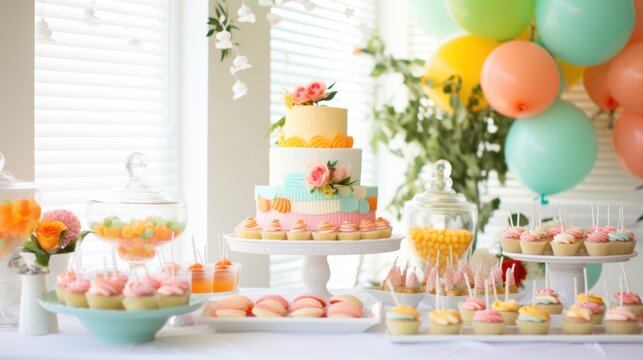 A bright and cheerful spring-themed dessert table filled with cupcakes, macarons,