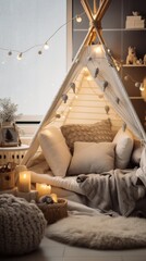 A child's bedroom with playful winter decorations and a cozy reading corner,