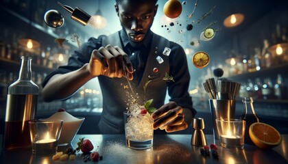 Young african american bartender making cocktail at bar.
