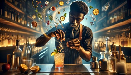 Young african american bartender making cocktail at bar.