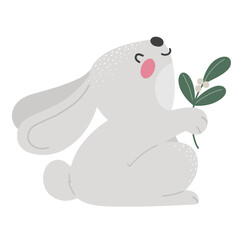 Cute bunny with a branch of mistletoe. Christmas children's character. Vector illustration.