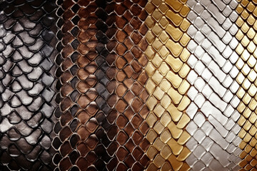 A close up details texture of a snake skin pattern in different colors, colorful multicolored yellow and gold and silver and black and brown colors, realistic wallpaper, Generated by AI - obrazy, fototapety, plakaty
