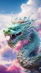A colorful Chinese dragon in shades of blue, green, and purple, soaring through the sky
