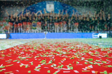 Confetti on the red carpet and team of sports chamions in the background