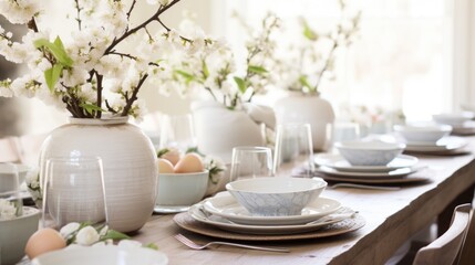 A cozy indoor spring party featuring a rustic table setting with fresh flowers