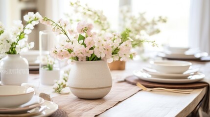 A cozy indoor spring party featuring a rustic table setting with fresh flowers - obrazy, fototapety, plakaty