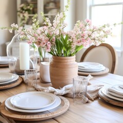 Fototapeta na wymiar A cozy indoor spring party featuring a rustic table setting with fresh flowers