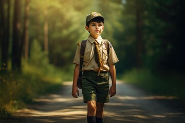 Portrait of a smiling boy scout with a backpack walking along a road in the woods. International Boy Scout Day Concept - obrazy, fototapety, plakaty