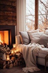 A cozy living room with a fireplace as the centerpiece, adorned with warm blankets and soft