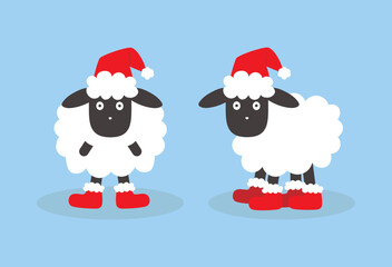 Christmas sheep in Santa hat and New Year's boots. Cartoon drawing vector illustration on blue background