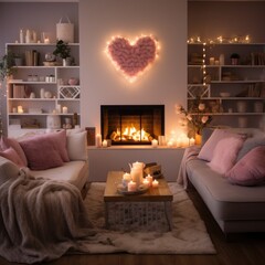 A cozy living room with a fireplace, decorated with heart-shaped garlands and candles,
