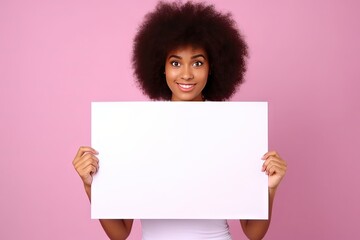 portrait of a young curly-haired black woman holding an empty blank board for ads, copy space