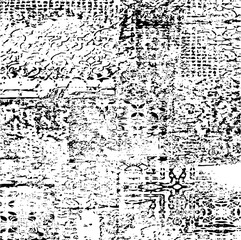 Monochrome texture composed of irregular graphic elements. Distressed uneven grunge background. Abstract vector illustration. Overlay for interesting effect and depth. Isolated on white background.
