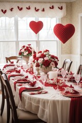 A dining room decorated with heart-shaped napkins, tablecloth,