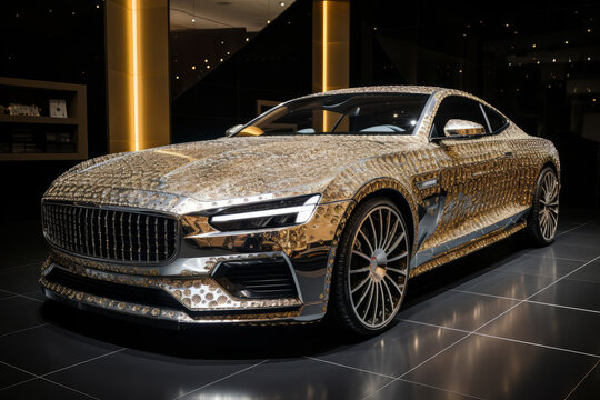 A costumed tuned supersport Volvo Polestar 1 in gold and silver chrome skin material covered with gems and crystals, luxury collectible toy car in showcase, Generated by AI.