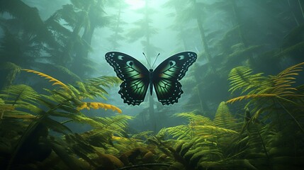 A 3d abstraction butterfly perched on a lush fern, set against the backdrop of a misty forest.