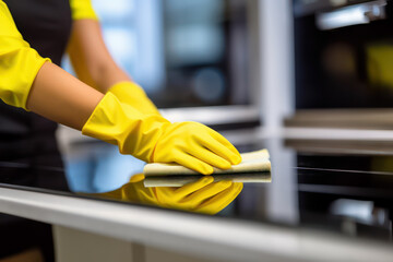 Hands in yellow gloves clean the kitchen counter. Cleaning service or housework chores conceptual image - obrazy, fototapety, plakaty