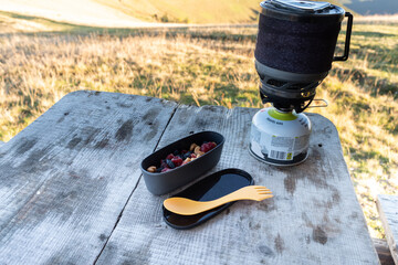 Food for tourists. Snack on a hike. Field kitchen. Snack on nuts and dried fruits.