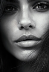 Black and white style close up sensual seductive portrait of a young attractive woman, minimalism as a trend.