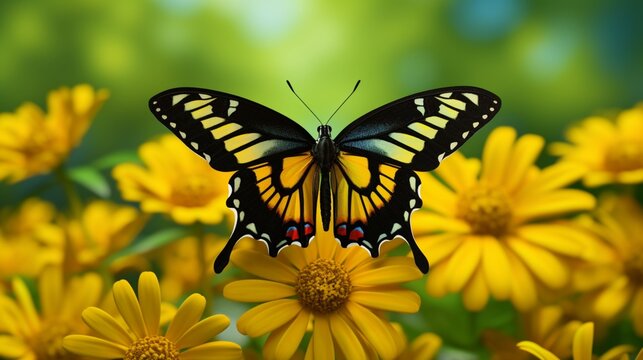 A 3d abstraction butterfly sitting on a bright yellow daisy, with a high-resolution focus against a lush green background.