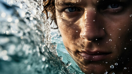 Fototapeta na wymiar Surfer's face close-up navigating a challenging barrel wave